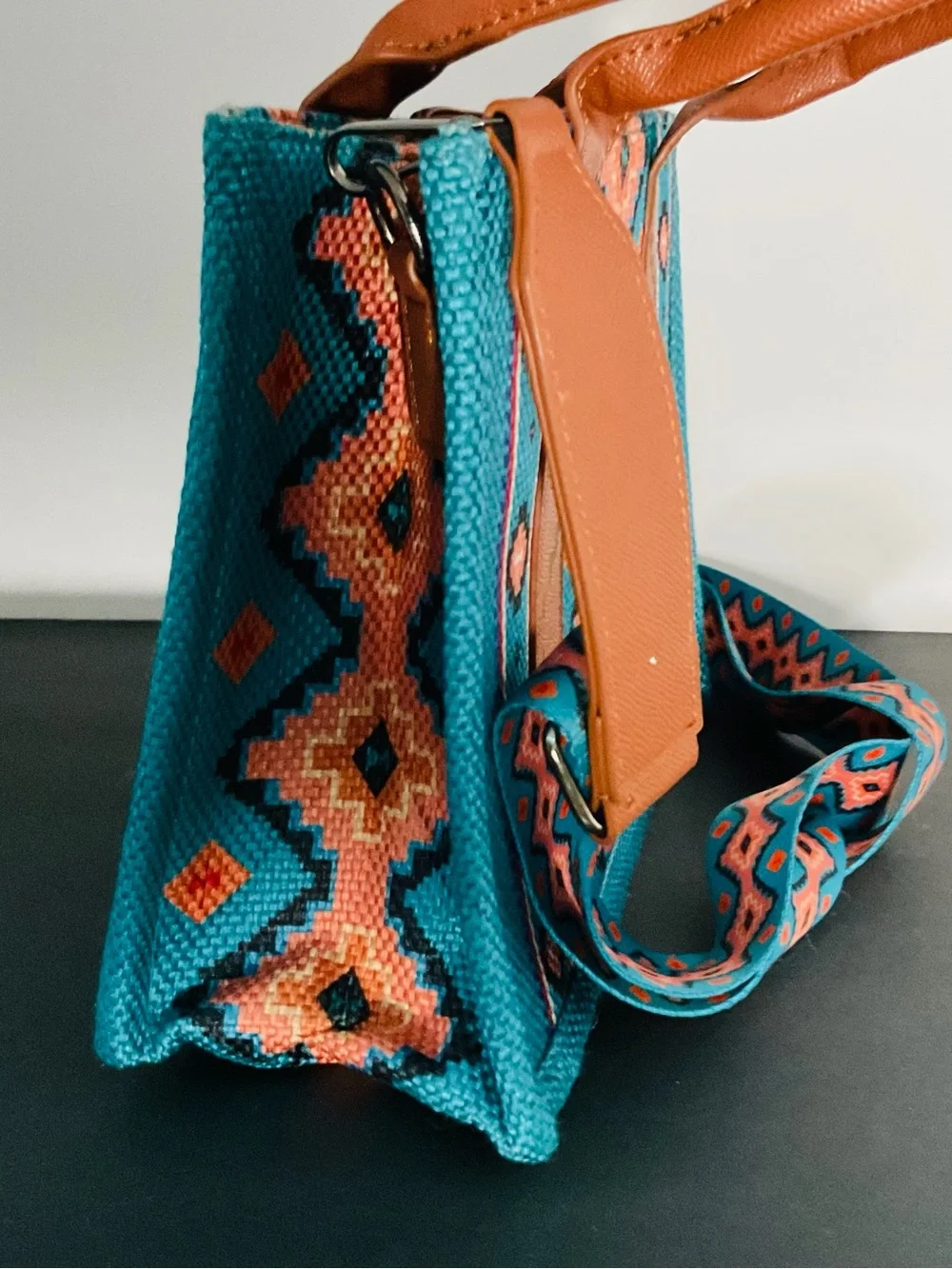 Wrangler Turquoise Peach Southwestern Aztec Canvas Tote Bag Western Boho